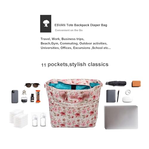 Diaper Backpack Totepack Crossbody 3 in 1 Laptop Tote with Insulated Pocket - color: Pink White Flower
