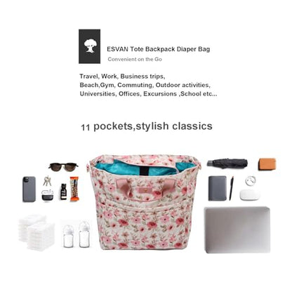 Diaper Backpack Totepack Crossbody 3 in 1 Laptop Tote with Insulated Pocket - color: Pink White Flower