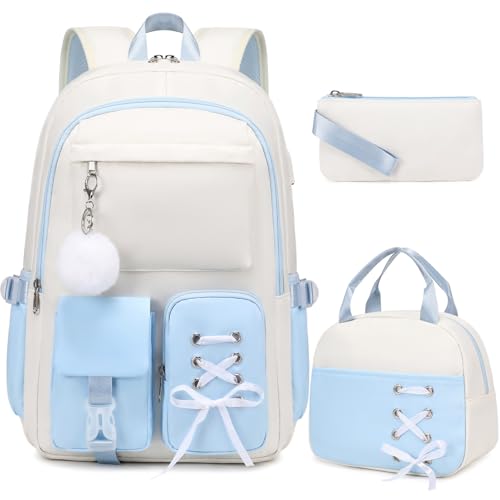 Scothen Backpacks for Girls, Girls Backpack with Lunch Box & Pencil Pouch for Teens Girl Kids Elementary Middle High School College Student Bookbag Daypack Laptop Travel Backpack for Women - color: Beige Blue