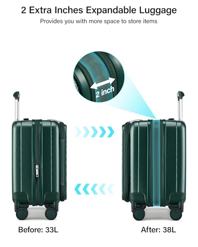 Hanke Top Opening Carry-On - Expandable 16 Inch Airline Approved Spinner | Easy-access top opening,360° spinner wheels,lightweight expandable hardshell, fits overhead bins,for overnight business trips - color: Blackish Green, size: 16 Inch Expandable