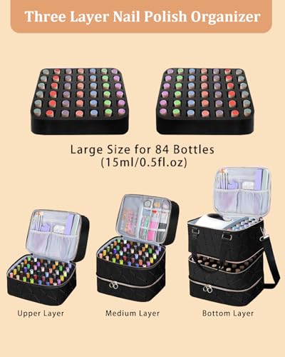 Nail Polish Organizer Bag, 3 Layers Detachable Nail Kit Storage Case PU Leather, Storage Case Holds 84 Bottles(15ml/0.5fl.oz)& Nail Lamp, Large Travel Nail Supplies Shoulder Bag for Manicure Tools