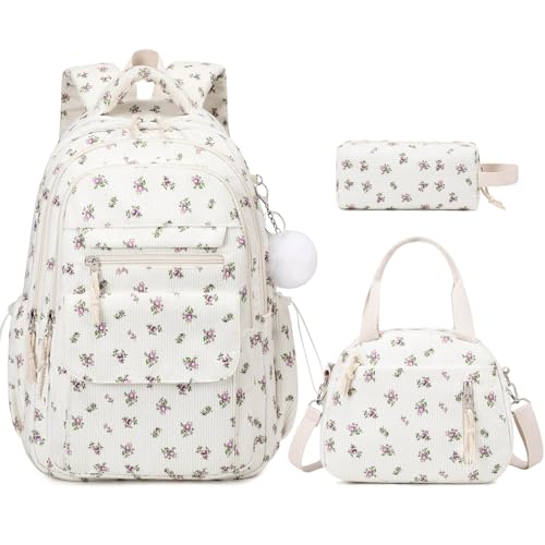 Bevalsa Backpack for Girls, 3PCS Corduroy Kids Backpack Set with Lunch Box & Pencil Pouch, Bookbag Daypack Laptop Bag for Women Teens Elementary Middle High School - color: Purple Floral