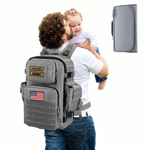 SHARKMOUTH Baby Diaper Bag for Dad - Large Military Daddy Gear Backpack with Changing Pad for Travel Camping Hiking - Newborn Baby Shower Gifts Gray - color: Gray W/ Changing Pad