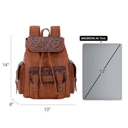 Montana West Wrangler Backpack Purse for Women Men Western Backpack Floral Tooled Travel Bags - color: Carve Brown