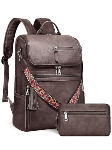 SYTRAH Leather Laptop Backpack for Women Designer Laptop Bag, 16.5 inch Travel Computer Backpacks Purse with Tassel for Work Business with Satchel Purse Dark Coffee - color: Dark Coffee