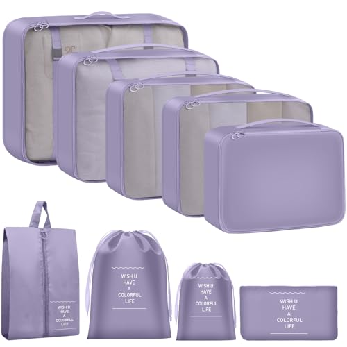 9 Set Packing Cubes for Travel Essentials - Lightweight Carry-On Luggage Organizer Bags with Shoe, Clothes & Laundry Bags for Airplane, Family & Business Travel, Purple - color: Purple