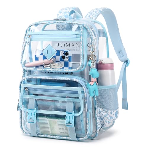Sisipoet Clear Backpack for School, PVC Clear Bookbag Heavy Duty Transparent Backpack for Stadium Events See Through Bag - color: Blue Flower