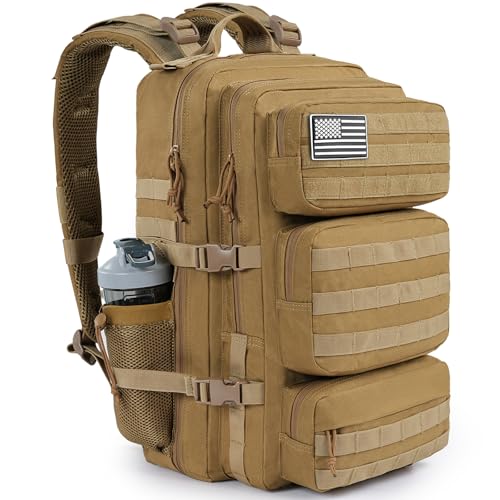 Military Tactical Backpack 25L Day Backpack for Men Molle Army 3 Days Assault Pack Bug Out Bag Water Resistant and Heavy Duty Hiking Treeking Rucksack - Brown - color: Brown, size: 25L