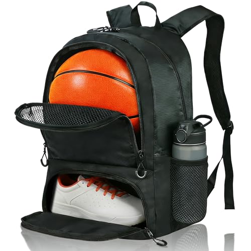 Basketball Bag Backpack with Ball & Shoes Compartment,Basketball Equipment Bags for Basketball, Soccer, Volleyball, Travel - color: Black