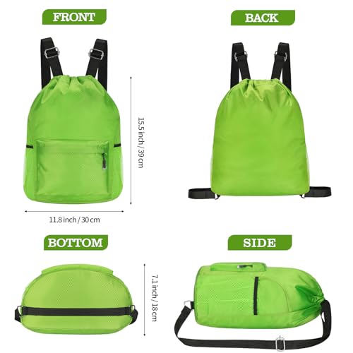Waterproof Drawstring Bag, Lightweight String Backpack with Water Bottle Holder and Pockets, Gym Sports Cinch Sackpack (Green) - color: Green