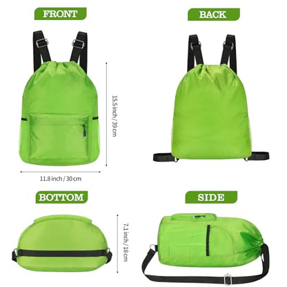 Waterproof Drawstring Bag, Lightweight String Backpack with Water Bottle Holder and Pockets, Gym Sports Cinch Sackpack (Green) - color: Green