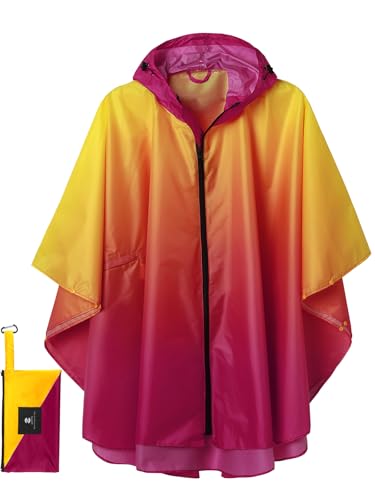 SaphiRose Unisex Rain Poncho Waterproof Raincoat Hooded for Adults Women with Pockets - color: Gradient Yellow-rose Red