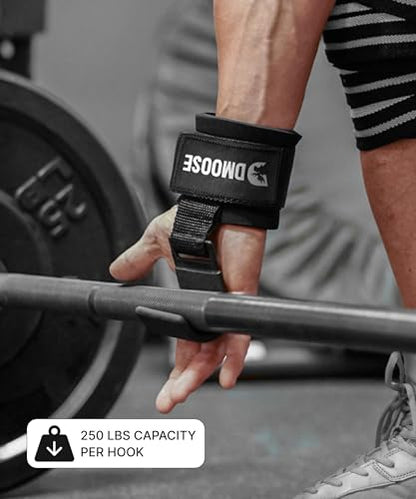 DMoose Fitness Weight Lifting Hooks (Pair) for Deadlifts, Pull Ups, Rows & Shrugs - Anti-Rip Nylon Strap Hand Grips with Thick Wrist Padding - Heavy Duty Wrist Straps for Weightlifting & Gym Workouts - color: Grey