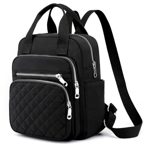 Small Backpack for Women Casual Quilted Square Bag Waterproof Multi Pockets Daypack Lightweight Top Handle Satchel - color: Black