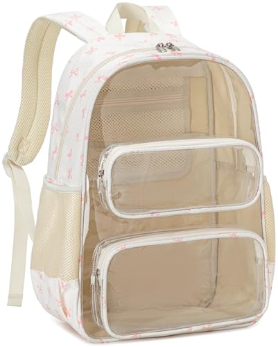 CAMTOP Clear Backpack Heavy Duty Transparent Bag See Through BookBag for Student School Work Festival Sport Travel (Pink Bow) - color: Pink Bow, size: Medium-17‘’