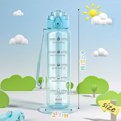 OLDLEY 17oz Kids Water Bottle, Tritan BPA-Free, Leakproof Flip Straw Lid, Motivational Time Marker, Carry Strap, Reusable Clear Water Bottle for Boys & Girls,Cerulean - color: Cerulean, style: 17 Ounces