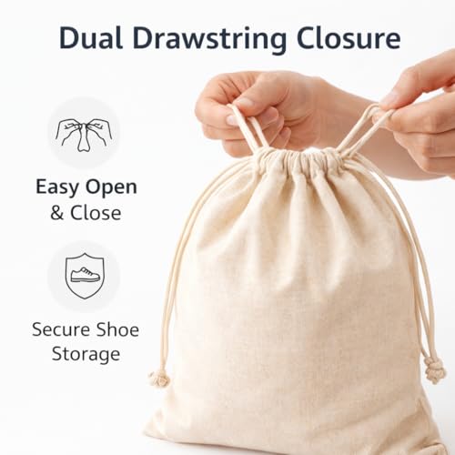 Cotton Shoe Bags with Drawstring | Dustproof, Washable Travel Shoe Pouch | Natural Canvas Organizer for Men & Women | Fits Sneakers, Sandals, Slippers | 14” x 17” (Pack of 3) - color: Cotton, style: Pack 3