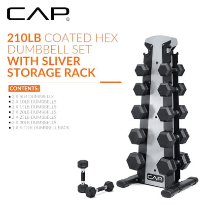 CAP Rubber Coated Hex Dumbbell Set with Storage Rack | 100–210 lb Options, Space-Saving Vertical Compact Storage for Home Gym Strength Training - size: 210 lb - Set - Silver Rack, style: Comfort Handle