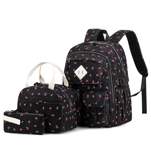 3Pcs Corduroy School Backpack for Girls, Kids Teens Large Capacity School Bag Bookbags Set Casual Daypack Fits 15.6 inch Laptop with Lunch Box and Pencil Case (Corduroy Cherry Black) - color: Corduroy Cherry Black
