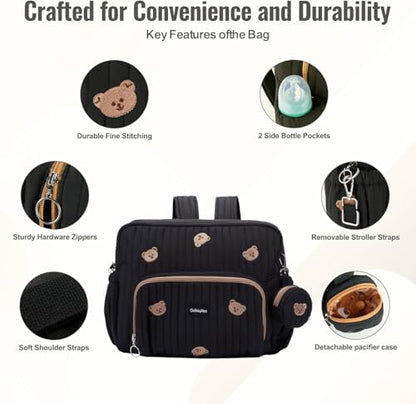 GOBABYMART Diaper Bag Backpack, Medium Maternity baby bag & Changing Pad, Insulated Pockets, Stroller Straps & Pacifier Case (Medium - Black Bears) - color: Medium - Black Bears