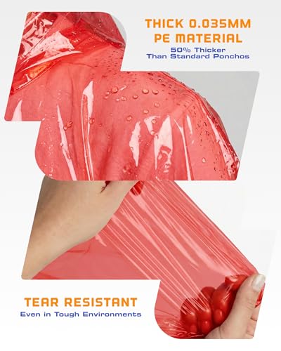 Hagon PRO Disposable Rain Ponchos for Adults, Hooded Poncho, Family 5 Pack - color: Red