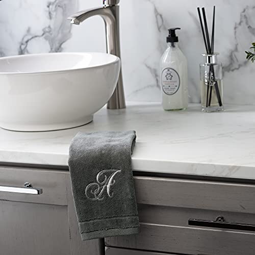 Personalized Initial Fingertip Towels - 2 Pack 11 x 18 Inches - Silver Embroidery On Gray Towel, Modern Monogrammed Towels, Great Initial Gift for Women, Teachers, Friends, Bridesmaids Initial M - color: M