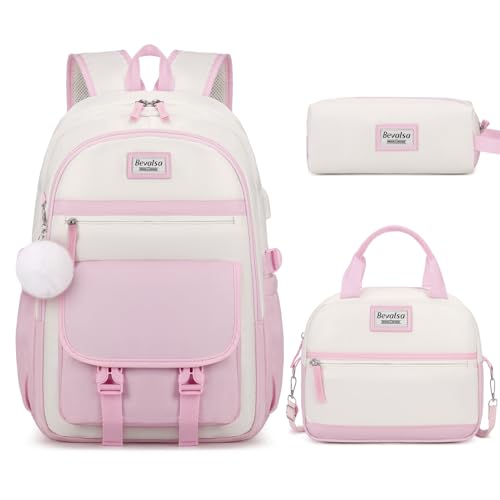 Bevalsa Backpack for Girls, 3PCS School Backpacks with Lunch Box - color: Beige Pink, size: 17.3 inch