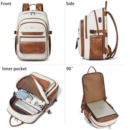 Vegan Leather Backpack, TSA Travel Backpack for Men and Women, Fits 17.0 Inch Notebook with Luggage Strap and USB Port, Beige - color: Beige