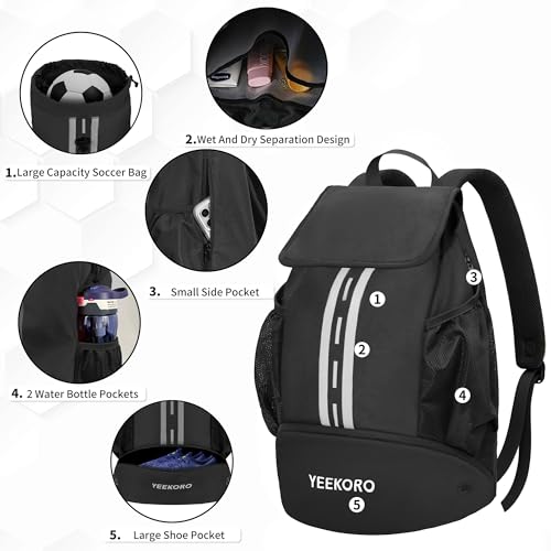 Soccer Backpack Multifunctional Sport Gym Bags with Dry-wet Separate & Shoe Compartment for Basketball Volleyball - color: Upgraded Black