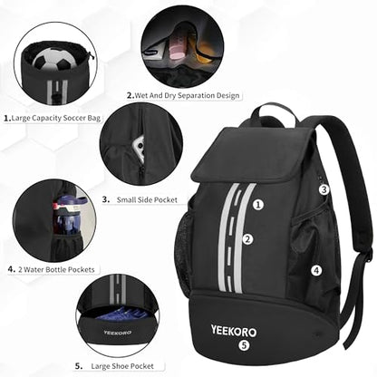 Soccer Backpack Multifunctional Sport Gym Bags with Dry-wet Separate & Shoe Compartment for Basketball Volleyball - color: Upgraded Black