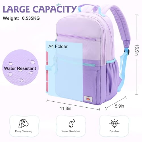 VASCHY School Backpack, Lightweight Classic Cute Aesthetic Bookbag Daypack for Teen Boys Girls Traveling/Gym/Middle School Lightweight Purple - color: Light Purple-l, size: Large-17in