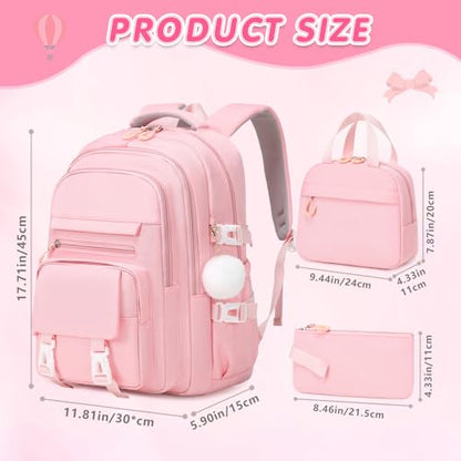 GeeWin Girls Backpack, 15.6" Laptop Backpack Schoolbag for Girls Teens Kid Children Elementary Middle School Student, Waterproof Stylish Girl Bookbag with Insulated Lunch Bag & Pencil Bag (Pink) - color: Pink Buckle