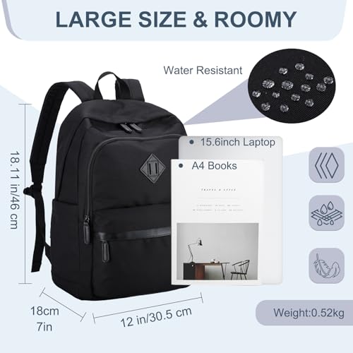 RAVUO Backpack for Men, Water Resistant Black School Backpacks Large Bookbag 15.6inch Laptop Back Pack College Daypack Schoolbag for Teen Boys Girls - color: Black