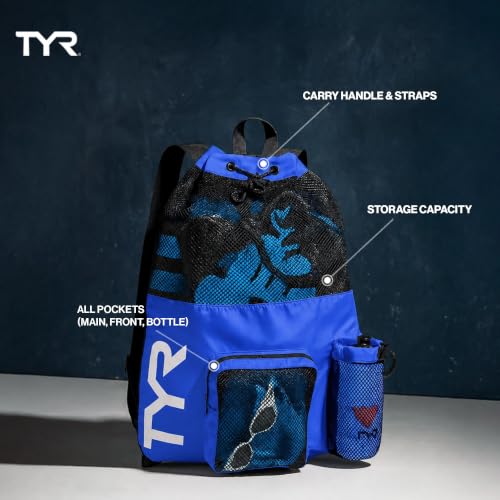 TYR Big Mesh Mummy Backpack for Swim, Gym and Workout Gear, Black, 40-Liter Capacity - color: Blue/Yellow