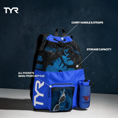 TYR Big Mesh Mummy Backpack for Swim, Gym and Workout Gear, Black, 40-Liter Capacity - color: Navy