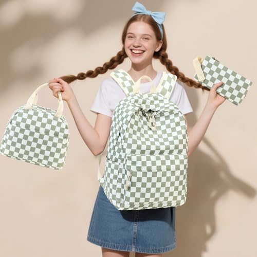 LEDAOU Backpack for Girls School Bag Kids Bookbag Teen Backpack Set Daypack with Lunch Bag and Pencil Case | Kids - color: K- Green Checkered