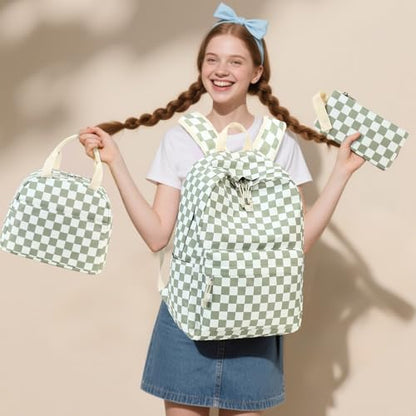 LEDAOU Backpack for Girls School Bag Kids Bookbag Teen Backpack Set Daypack with Lunch Bag and Pencil Case | Kids - color: K- Green Checkered