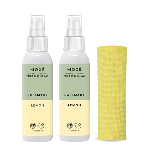 MOXE Yoga Mat Cleaner Spray, Rosemary & Lemon Essential Oil, Safe for All Mats & Exercise Equipment, Odor & Sweat Protection, Includes Microfiber Cleaning Towel, Green America Certified, 4 Oz (2 Pack) - size: 4 Fl Oz (Pack of 2)