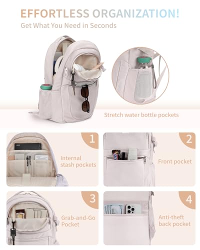 ECOHUB Travel Backpack for Women, 17.3 inch Suspended Laptop Backpack, Fashion Slim Water-Resistant College Computer Bookbag, 28L Personal Item Bag with 12 Pockets for Causal, Work, Beige - color: Beige