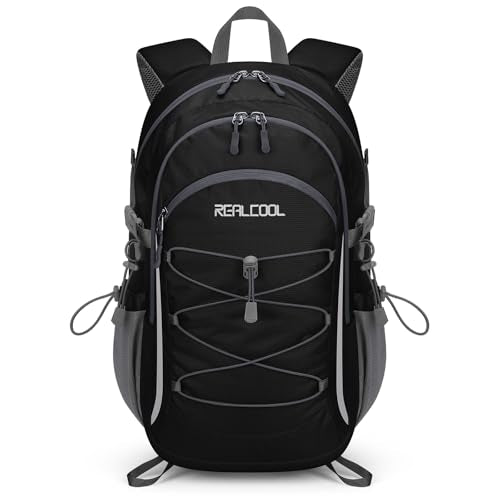 RealCool 20L Lightweight Hiking Backpack, Waterproof Daypack for Camping | 210D tear-resistant nylon, breathable shoulder and back panel, Multi-Compartment,hydration system,reflective strip,bungee net - color: Black, size: 20L