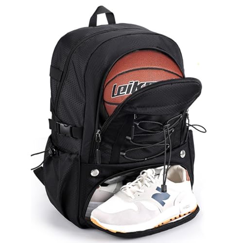 Basketball Bag Backpack with Separate Shoes Compartment & Ball Holder, Large Multi Functional Sports Bag Basketball Accessories fit Soccer Tennis Gym Black
