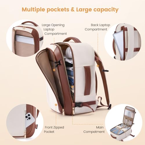 LOVEVOOK 40L Travel Backpack for Women,Carry on Luggage Backpack Flight Approved with 3 Packing Cubes,Waterproof Personal Item Travel Bag fits 17 Inch Laptop,Overnight Weekender Business Daypack - color: Beige White-brown, size: 17.3 Inch
