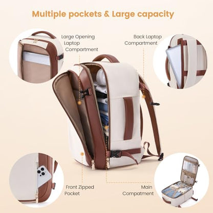 LOVEVOOK 40L Travel Backpack for Women,Carry on Luggage Backpack Flight Approved with 3 Packing Cubes,Waterproof Personal Item Travel Bag fits 17 Inch Laptop,Overnight Weekender Business Daypack - color: Beige White-brown, size: 17.3 Inch