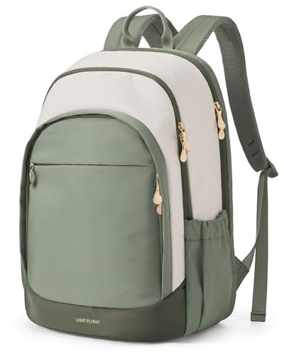 LIGHT FLIGHT Travel Backpack for Women, 15.6 Inch, Beige+Green | Laptop Backpack, USB Charging Hole, Water Resistant, Large Capacity, College Bookbag - color: Beige+green, size: 15.6 Inch without Wheels
