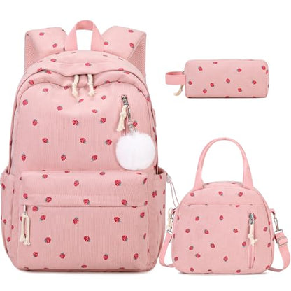 3PCS Corduroy Girls Backpack w/ Lunch Box & Pencil Bag (Pink Strawberry) - color: Pink Strawberry
