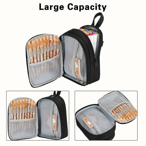 Large Capacity Kids Backpack Pencil Case Pen Bag with Clear Pocket, Cute Kawaii Pen Pouch Organizer with Adjustable Strap & Plush Doll Keychain for School Girls Boys (Black) - color: Black