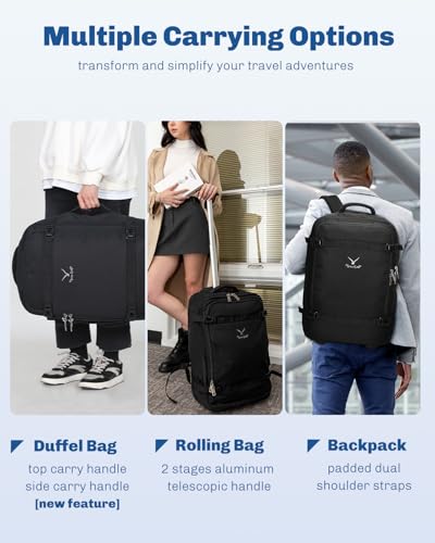 Hynes Eagle Rolling Backpack 42L Backpack with Wheels Airline Approved Carry on Luggage Laptop Travel Suitcase Bag for Women Men Jet Black - color: Jet Black