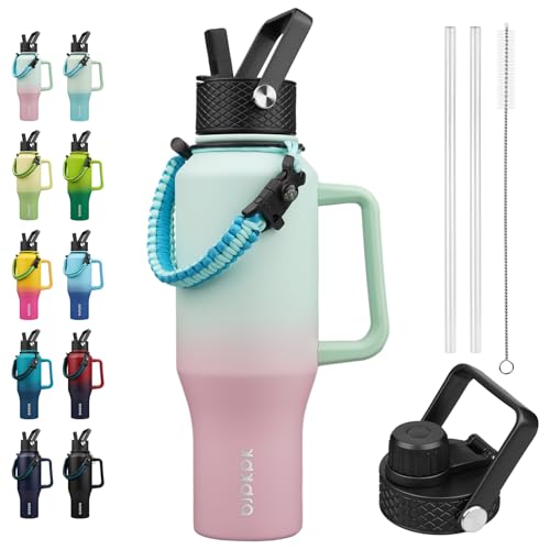 BJPKPK Insulated Water Bottles with Straw Lid, 35oz Metal Water Bottle with 2 lids & Paracord Strap, Double Wall Stainless Steel Tumbler with Handle, Reusable Cups, Mugs, Thermo, Marshmallow - color: Marshmallow, style: 35oz-Side Handle