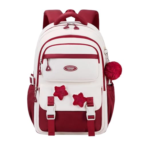 Girls Backpack for Kids Elementary Middle School, Backpack for Teen Girls School Bag, with Star Pins and Furry Pendant, A08-Wine-red - color: A08-wine-red