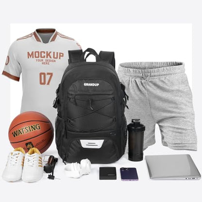 GRANDUP Basketball backpack with ball and shoes compartment Fit Volleyball, soccer, Swim, Gym, Travel, and School, large capacity sports training equipment bags - color: Balck Honeycomb